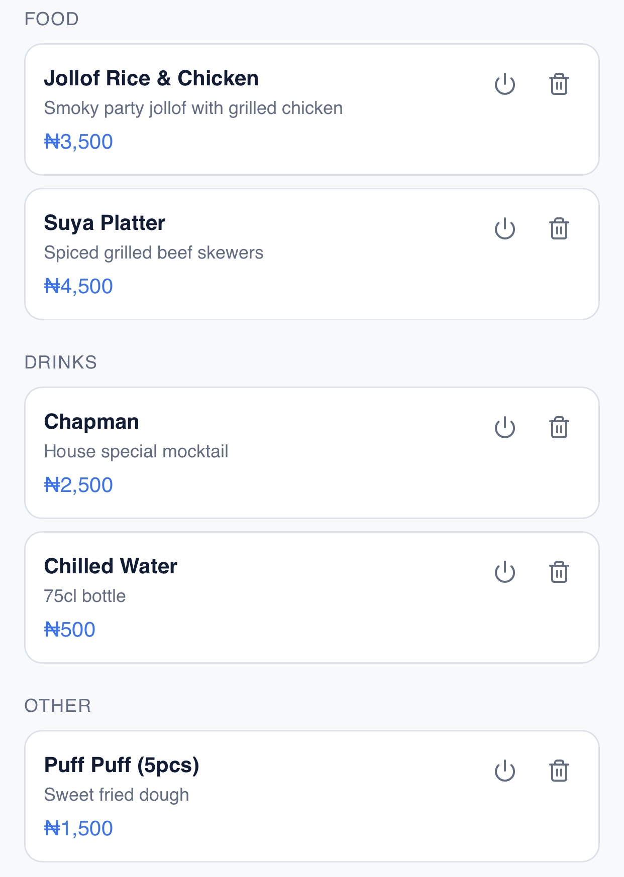 Menu and pricing screen