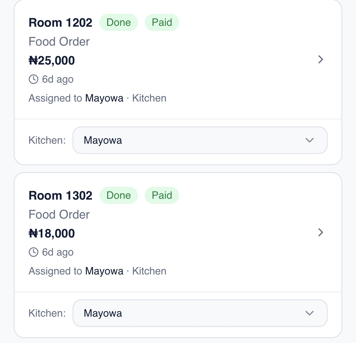 Orders showing status and payment
